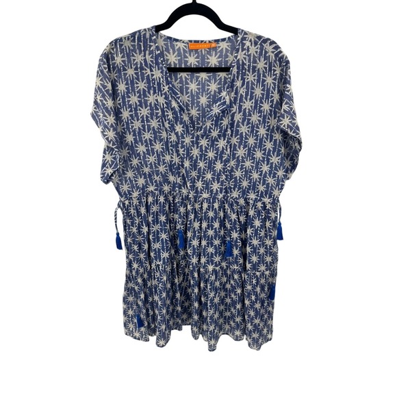 Oliphant Blue White Starburst Metallic Stripe Cotton Tassel Mini Dress Womens M - Picture 2 of 6